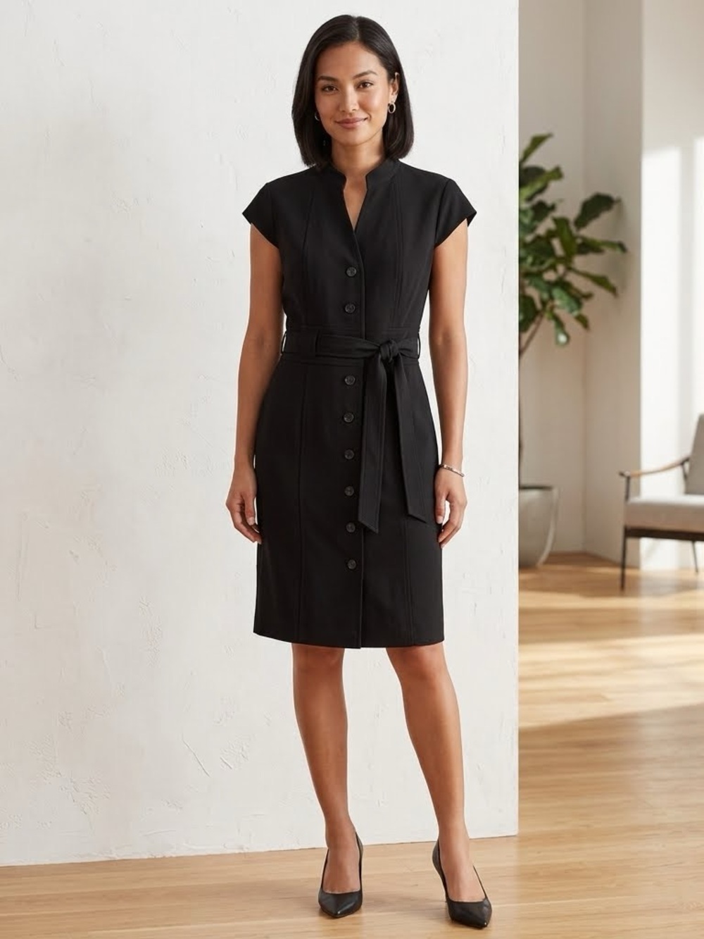 Calvin Klein Sheath Dress Black Sophisticated Cap-Sleeve Button Down Sz 12